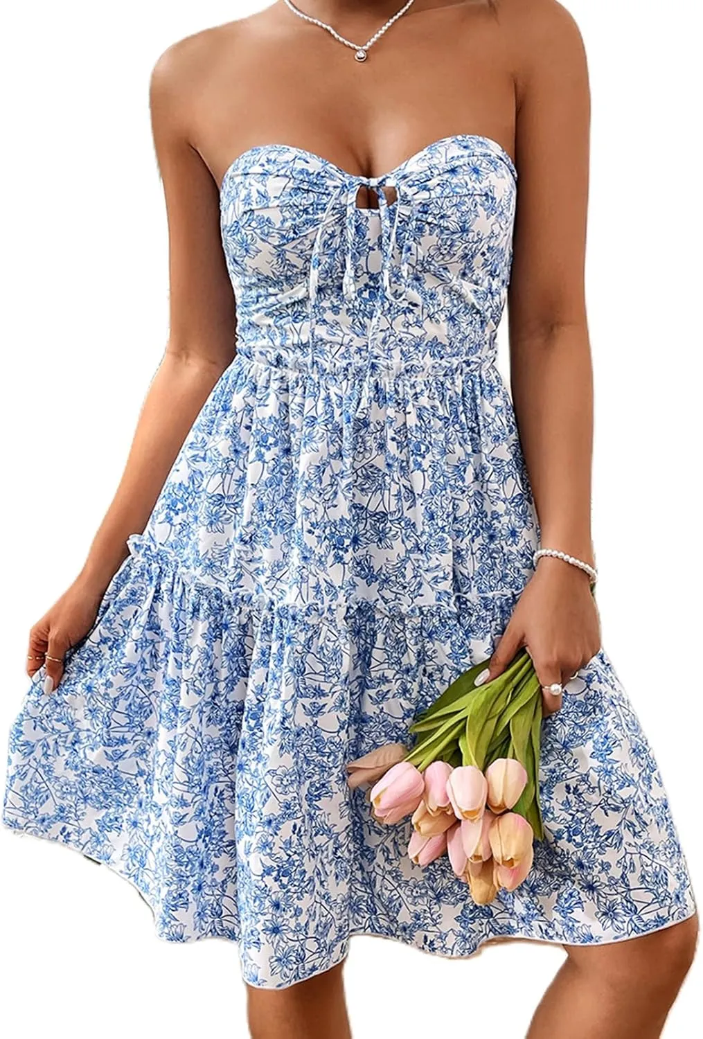 Women Strapless Mini Dress Floral Print Tie-Up Front Tube Flowy Ruffle Backless Casual Beach Short Sun Dress