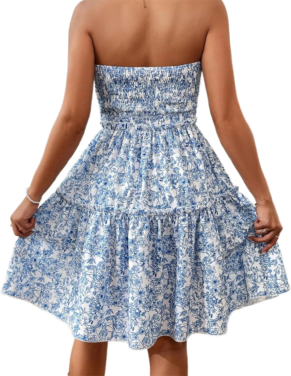 Women Strapless Mini Dress Floral Print Tie-Up Front Tube Flowy Ruffle Backless Casual Beach Short Sun Dress