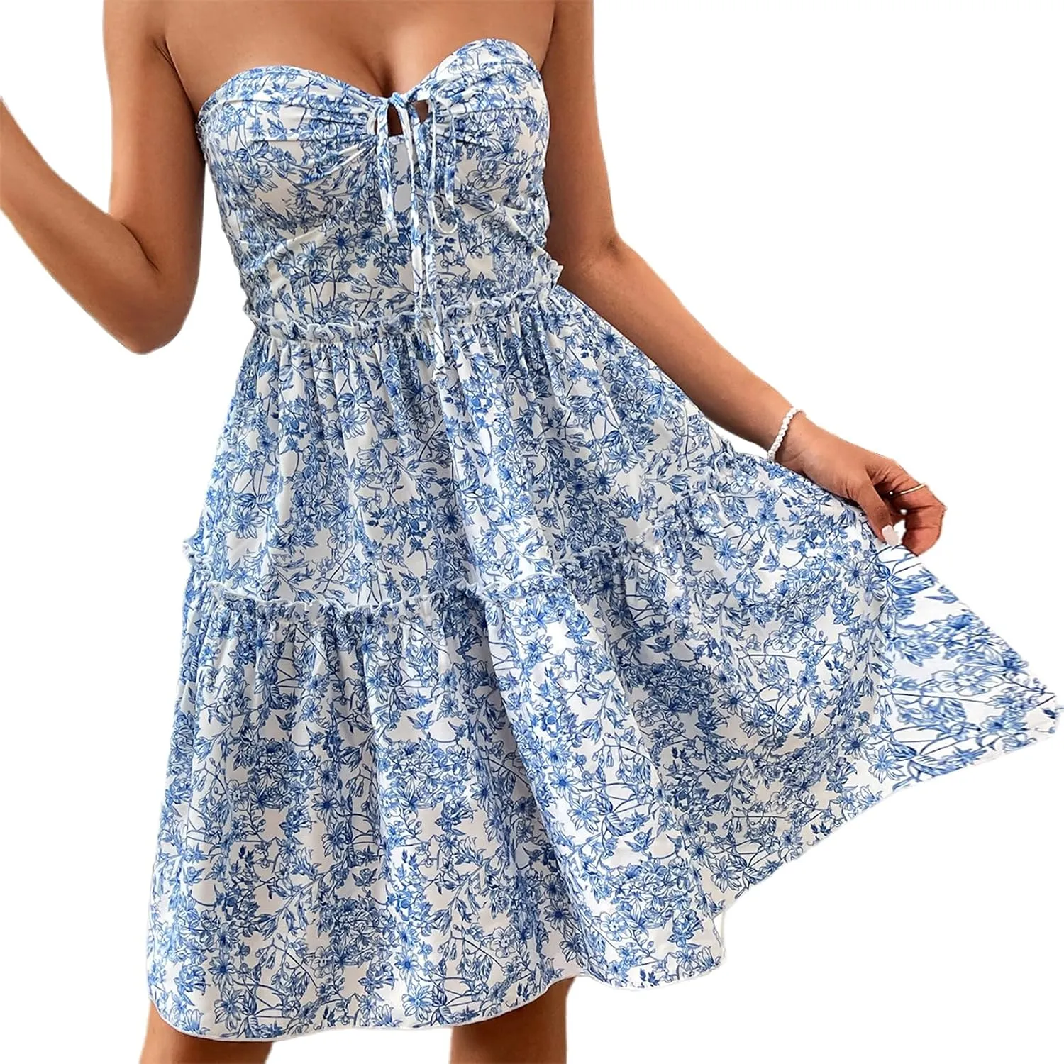Women Strapless Mini Dress Floral Print Tie-Up Front Tube Flowy Ruffle Backless Casual Beach Short Sun Dress