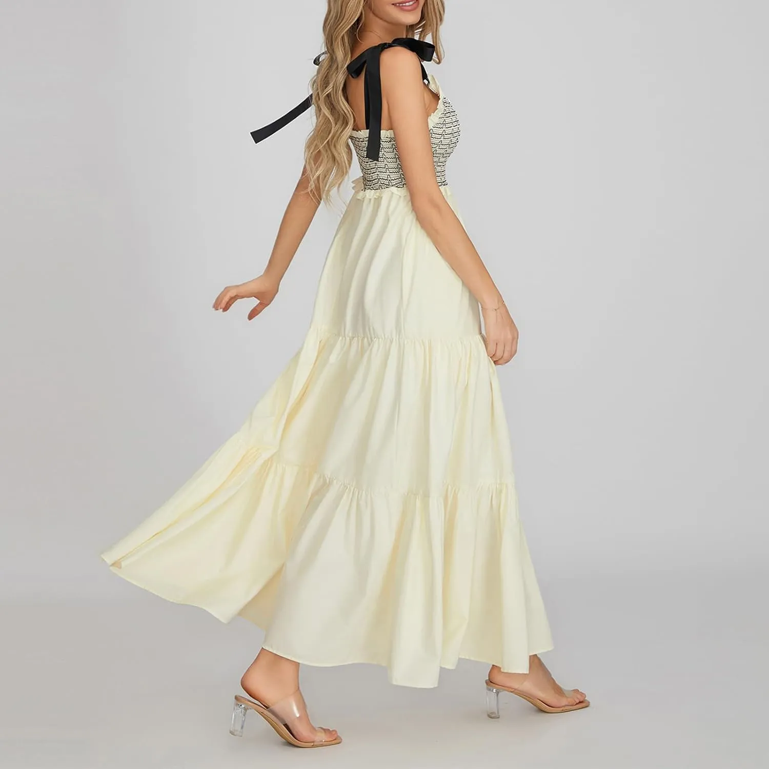 Women Summer Boho Maxi Dress Tie Straps V Neck Vintage Floral Print Patchwork Dress Tiered Flowy Sundress