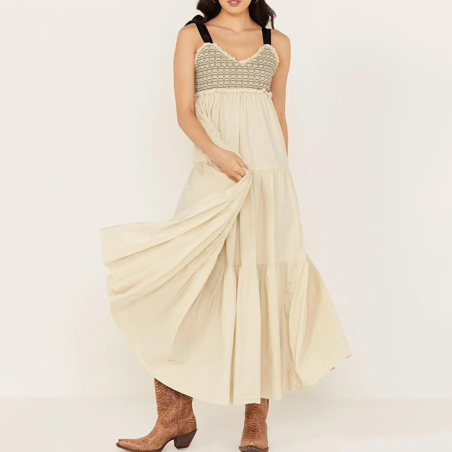 Women Summer Boho Maxi Dress Tie Straps V Neck Vintage Floral Print Patchwork Dress Tiered Flowy Sundress