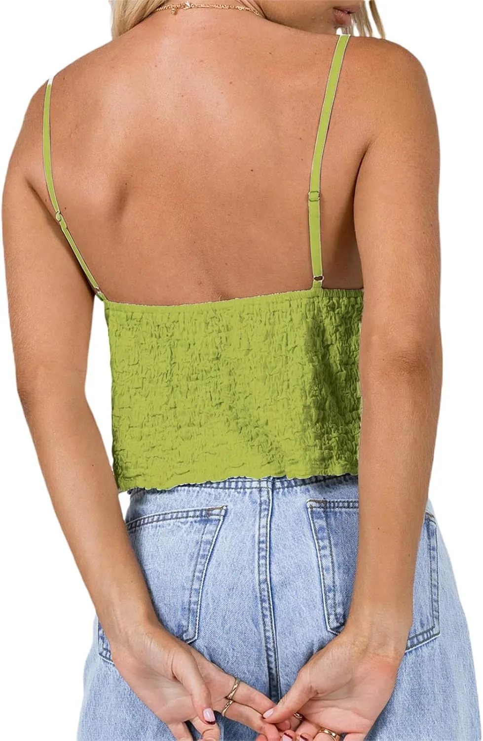 Women Summer Camisole Sleeveless Deep V Neck Tie Up Front Tank Top Solid Color Ruffle Trim Casual Cami Tops