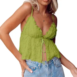 Women Summer Camisole Sleeveless Deep V Neck Tie Up Front Tank Top Solid Color Ruffle Trim Casual Cami Tops