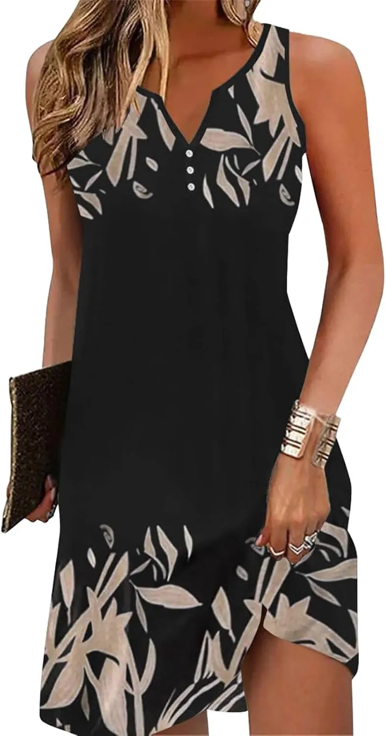 Women Summer Vacation Dresses Trendy V Neck Loose Beach Sun Dress Casual Knee Length Sleeveless Flowy Dresses