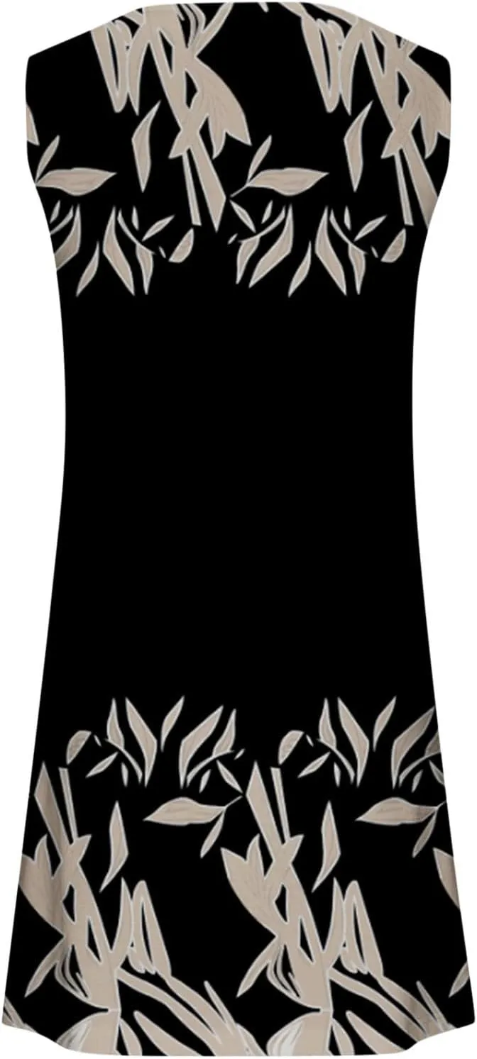 Women Summer Vacation Dresses Trendy V Neck Loose Beach Sun Dress Casual Knee Length Sleeveless Flowy Dresses