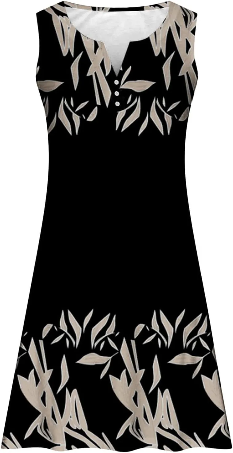 Women Summer Vacation Dresses Trendy V Neck Loose Beach Sun Dress Casual Knee Length Sleeveless Flowy Dresses