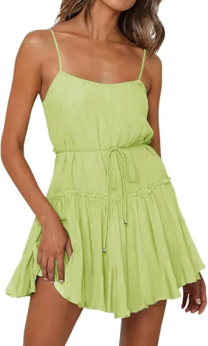 Women Swimwear Sundress Modest Swim Mini Camisole Skirt Dress Waist Tiered Ruffle Casual Suit Trendy Beach Summer