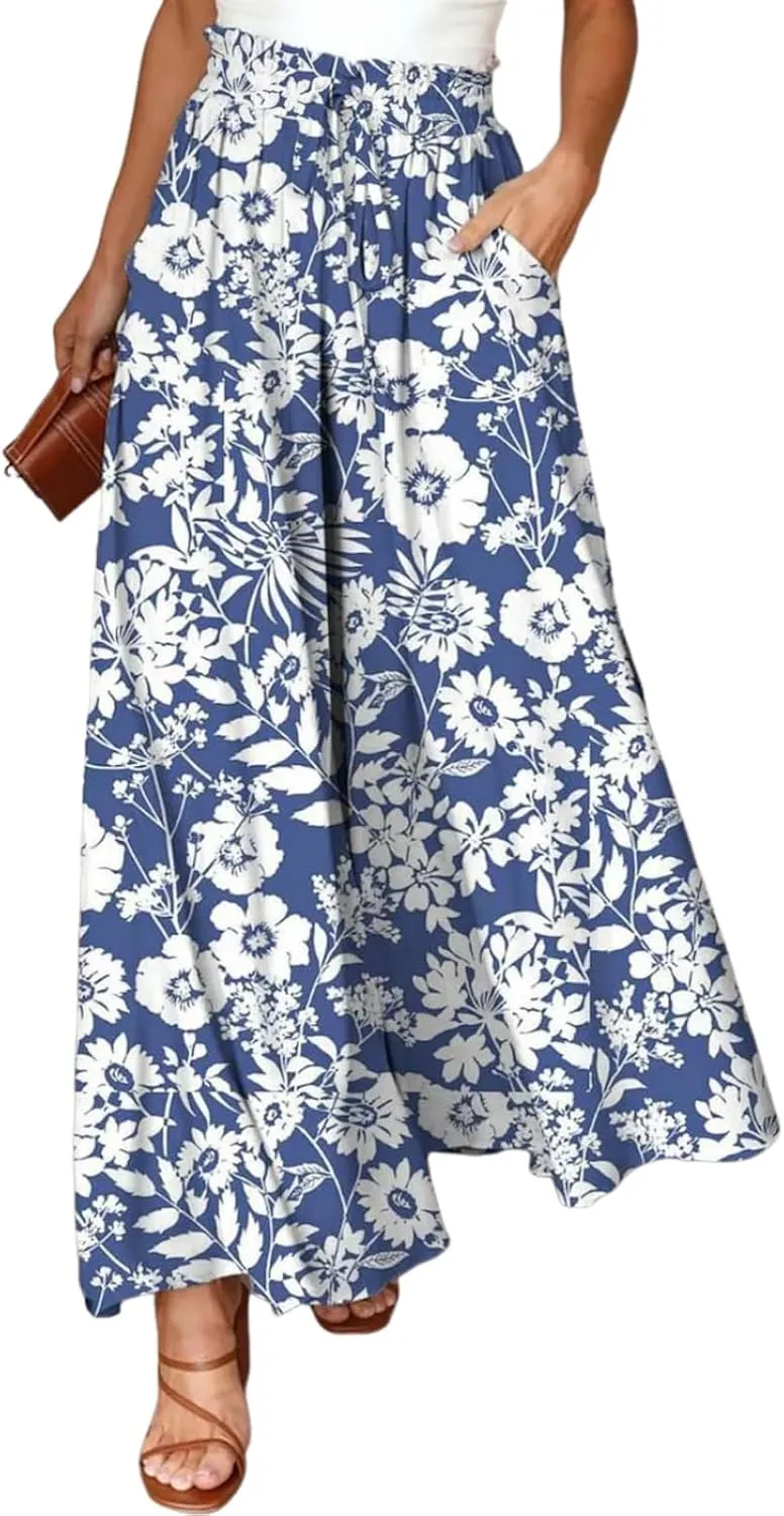 Women Wide Leg Pants High Waist Loose Floral Flowy Adjustable Tie Knot Trousers Beach Casual Pants with Pockets