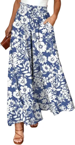 Women Wide Leg Pants High Waist Loose Floral Flowy Adjustable Tie Knot Trousers Beach Casual Pants with Pockets