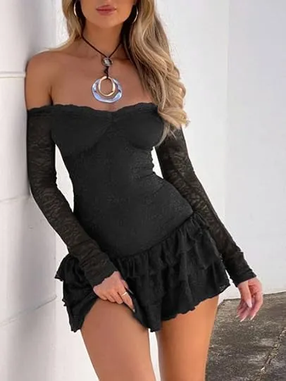 Women Y2k Lace Long Sleeve Short Dress Vintage Off Shoulder Mini Dress Ruffle Flowy Bodycon Dress Clubwear