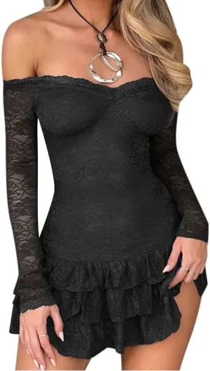 Women Y2k Lace Long Sleeve Short Dress Vintage Off Shoulder Mini Dress Ruffle Flowy Bodycon Dress Clubwear