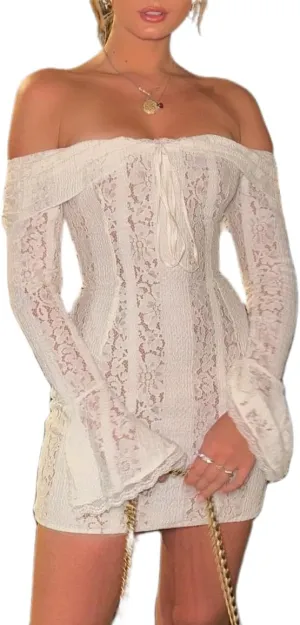Women Y2k Lace Long Sleeve Short Dress Vintage Off Shoulder Mini Dress Ruffle Flowy Bodycon Dress