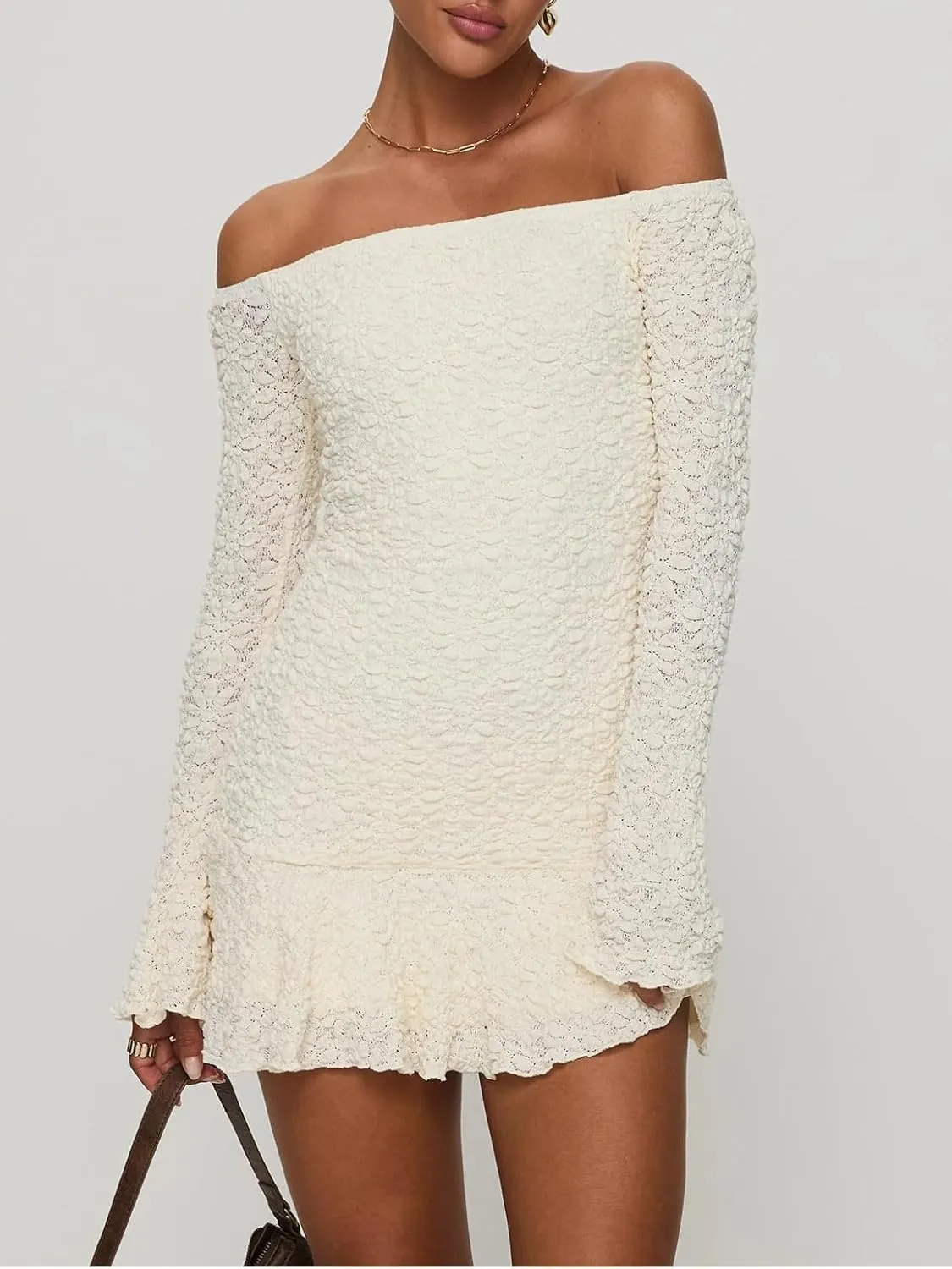 Women Y2k Lace Long Sleeve Short Dress Vintage Off Shoulder Mini Dress Ruffle Flowy Bodycon Dress