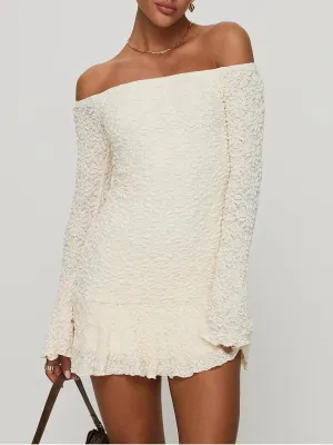 Women Y2k Lace Long Sleeve Short Dress Vintage Off Shoulder Mini Dress Ruffle Flowy Bodycon Dress