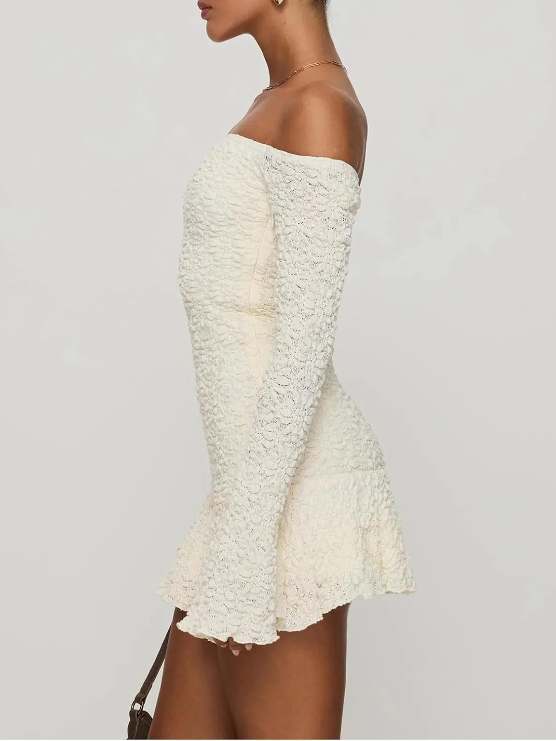Women Y2k Lace Long Sleeve Short Dress Vintage Off Shoulder Mini Dress Ruffle Flowy Bodycon Dress