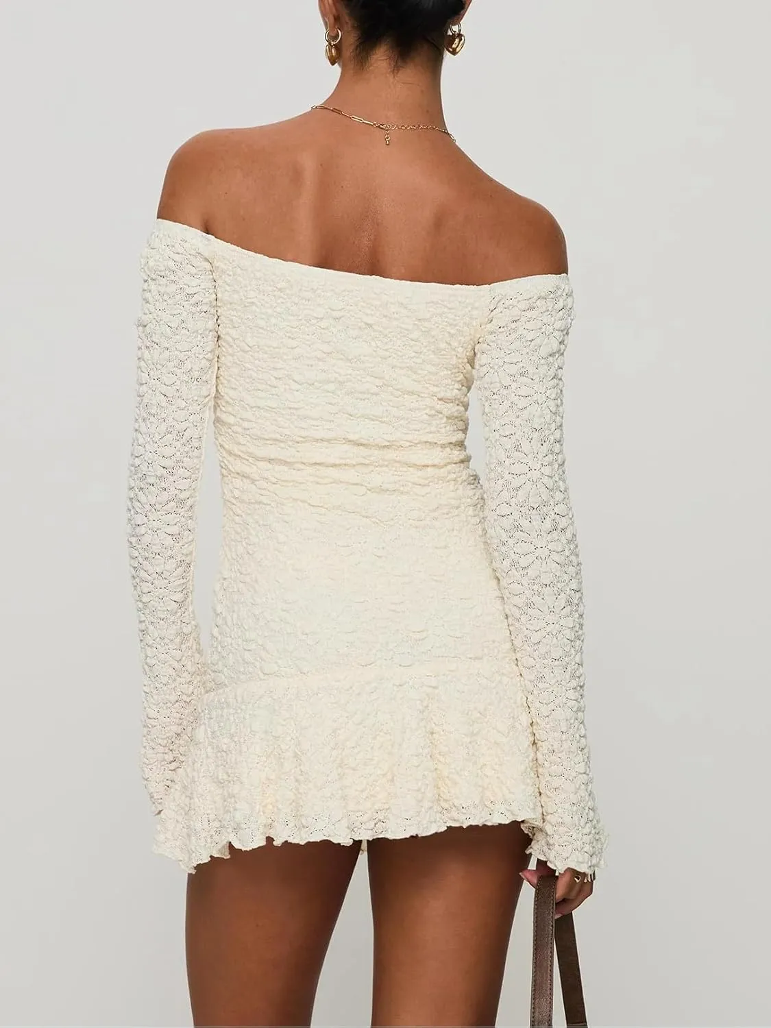 Women Y2k Lace Long Sleeve Short Dress Vintage Off Shoulder Mini Dress Ruffle Flowy Bodycon Dress