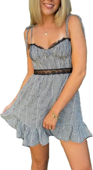 Women Y2k Plaid Cami Dress Spaghetti Strap Backless Gingham Mini Dress Cute Lace Patchwork Short Babydoll Dress