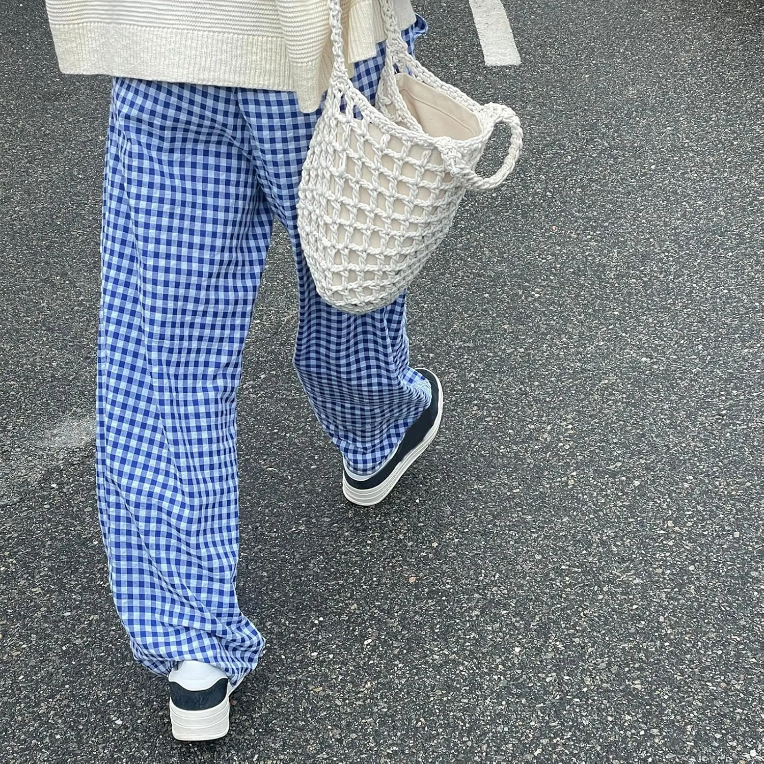 Women Y2K Plaid Wide Leg Pants High Waist Elastic Waist Baggy Casual Pants Loose Trousers Trendy Sweatpants Bottoms