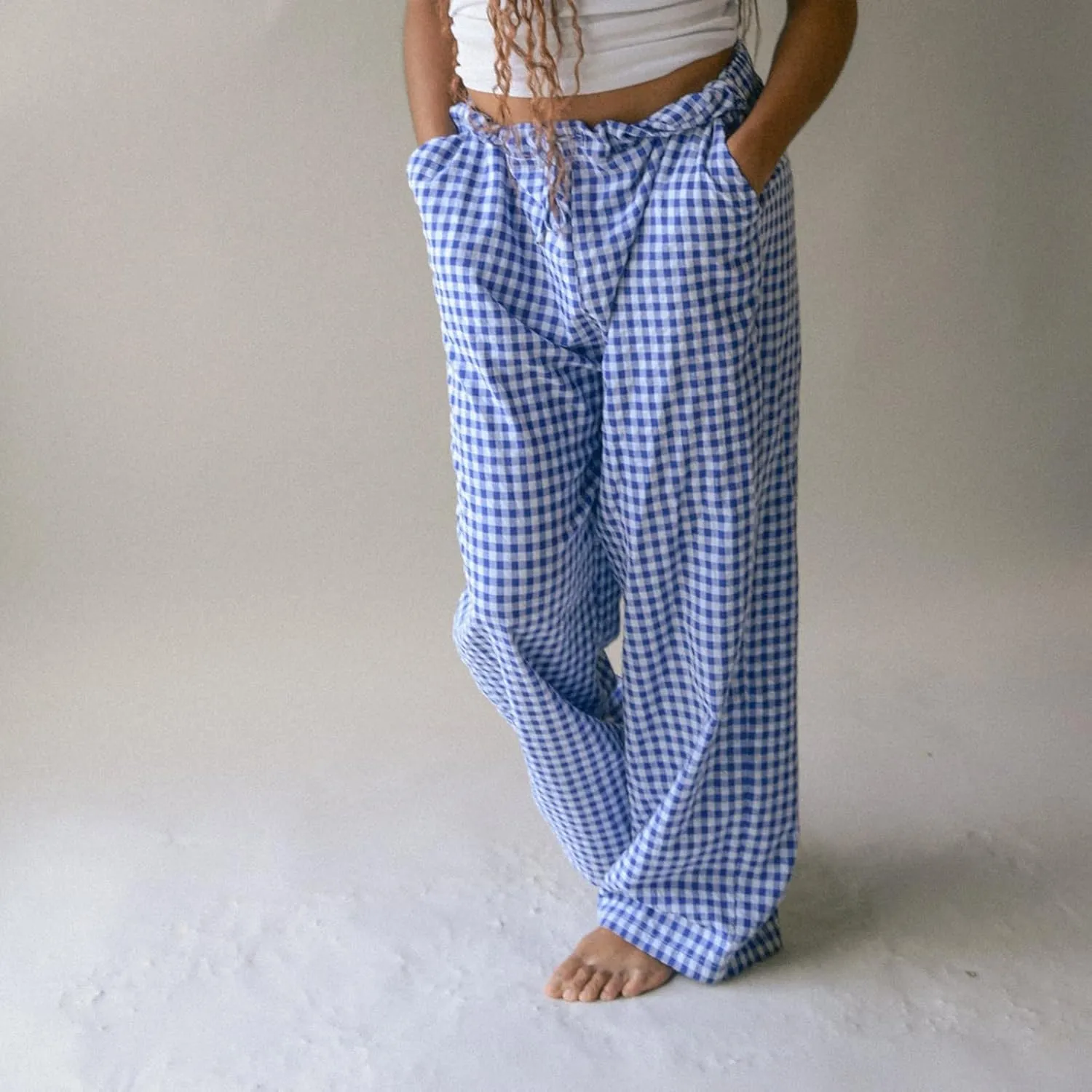 Women Y2K Plaid Wide Leg Pants High Waist Elastic Waist Baggy Casual Pants Loose Trousers Trendy Sweatpants Bottoms