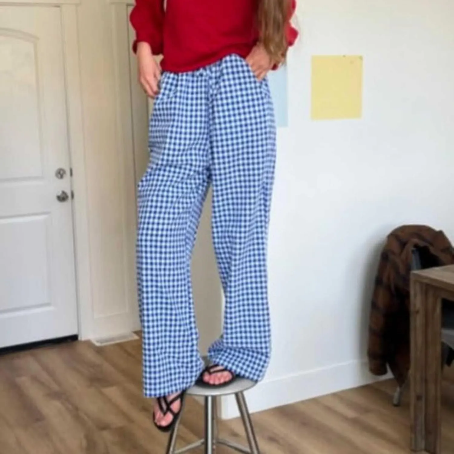 Women Y2K Plaid Wide Leg Pants High Waist Elastic Waist Baggy Casual Pants Loose Trousers Trendy Sweatpants Bottoms