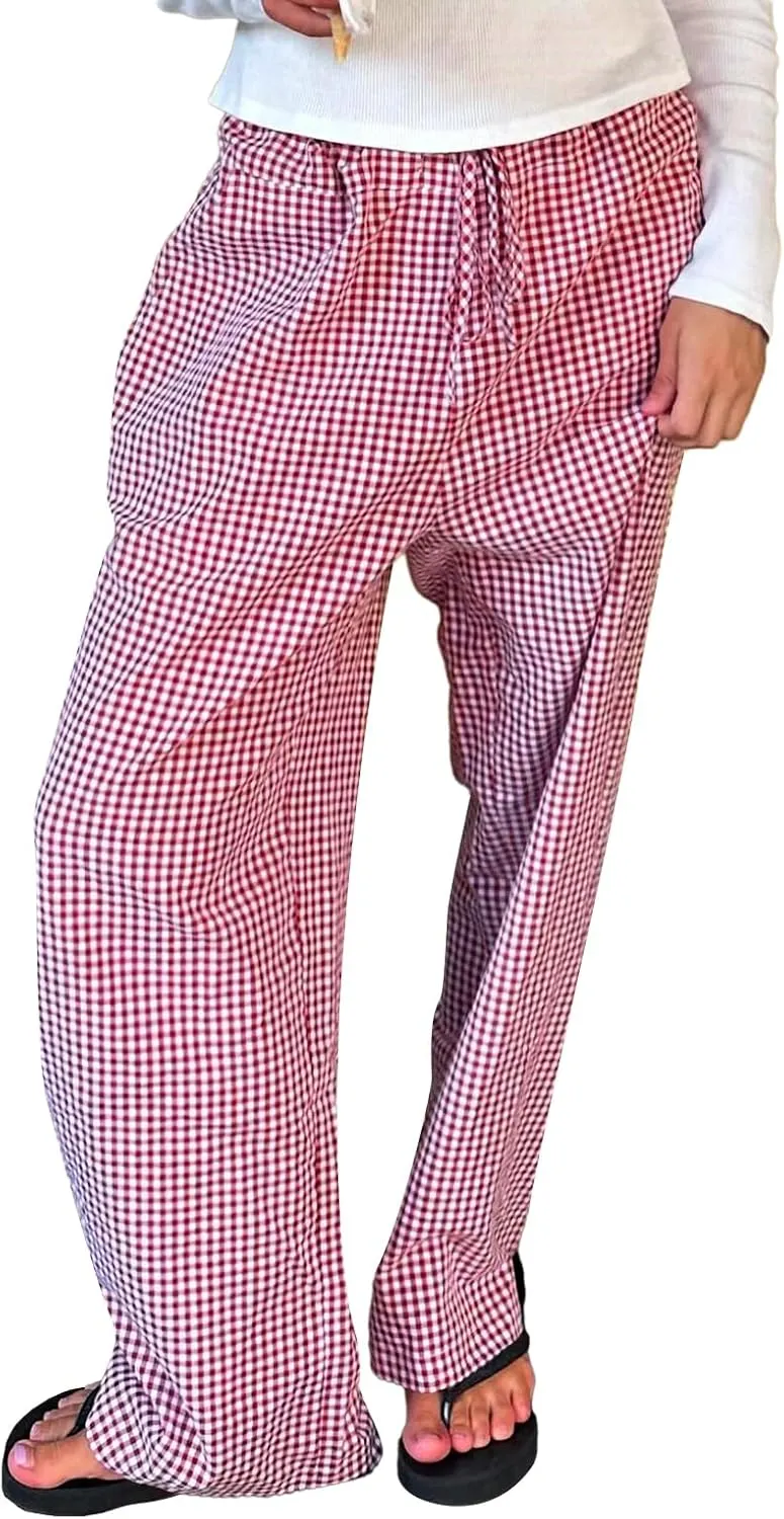 Women Y2K Plaid Wide Leg Pants High Waist Elastic Waist Baggy Casual Pants Loose Trousers Trendy Sweatpants Bottoms