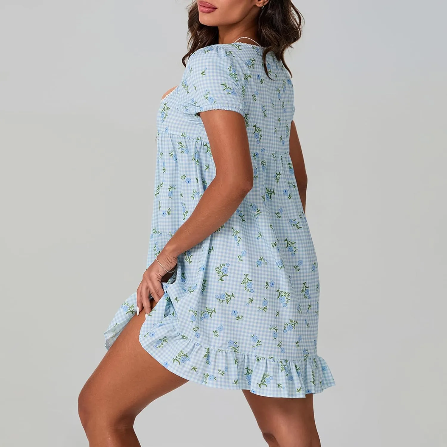 Women Y2K Summer Floral Mini Casual Dress Square Neck Short Sleeve Ruffle Hem Babydoll Dress Sweet Party Princess Sundress