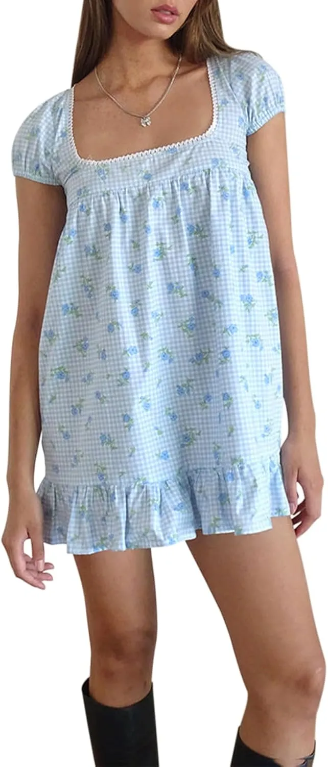 Women Y2K Summer Floral Mini Casual Dress Square Neck Short Sleeve Ruffle Hem Babydoll Dress Sweet Party Princess Sundress