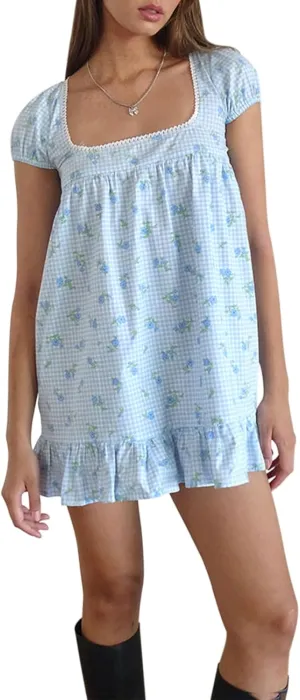 Women Y2K Summer Floral Mini Casual Dress Square Neck Short Sleeve Ruffle Hem Babydoll Dress Sweet Party Princess Sundress