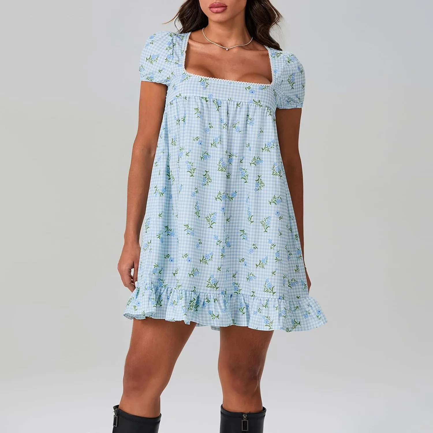 Women Y2K Summer Floral Mini Casual Dress Square Neck Short Sleeve Ruffle Hem Babydoll Dress Sweet Party Princess Sundress