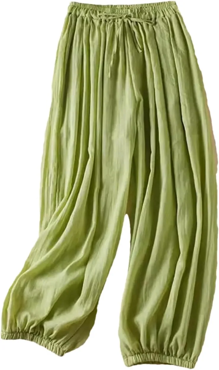 Womenpleated Elastic Hem Bloomers Pants Summer Light Weight Draped Harem Pants Casual Loose Wide Leg Trousers