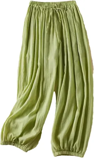Womenpleated Elastic Hem Bloomers Pants Summer Light Weight Draped Harem Pants Casual Loose Wide Leg Trousers