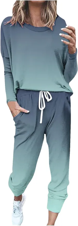 Womens 2 Piece Sweatsuit Outfit Spring Long Sleeve Color Block Sweatshirts and Sweatpants Tracksuit Jogger Sets 2025