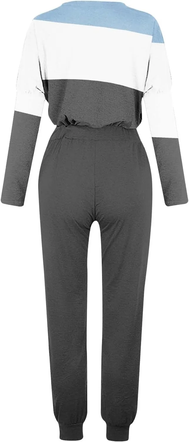 Womens 2 Piece Sweatsuit Outfit Spring Long Sleeve Color Block Sweatshirts and Sweatpants Tracksuit Jogger Sets 2025