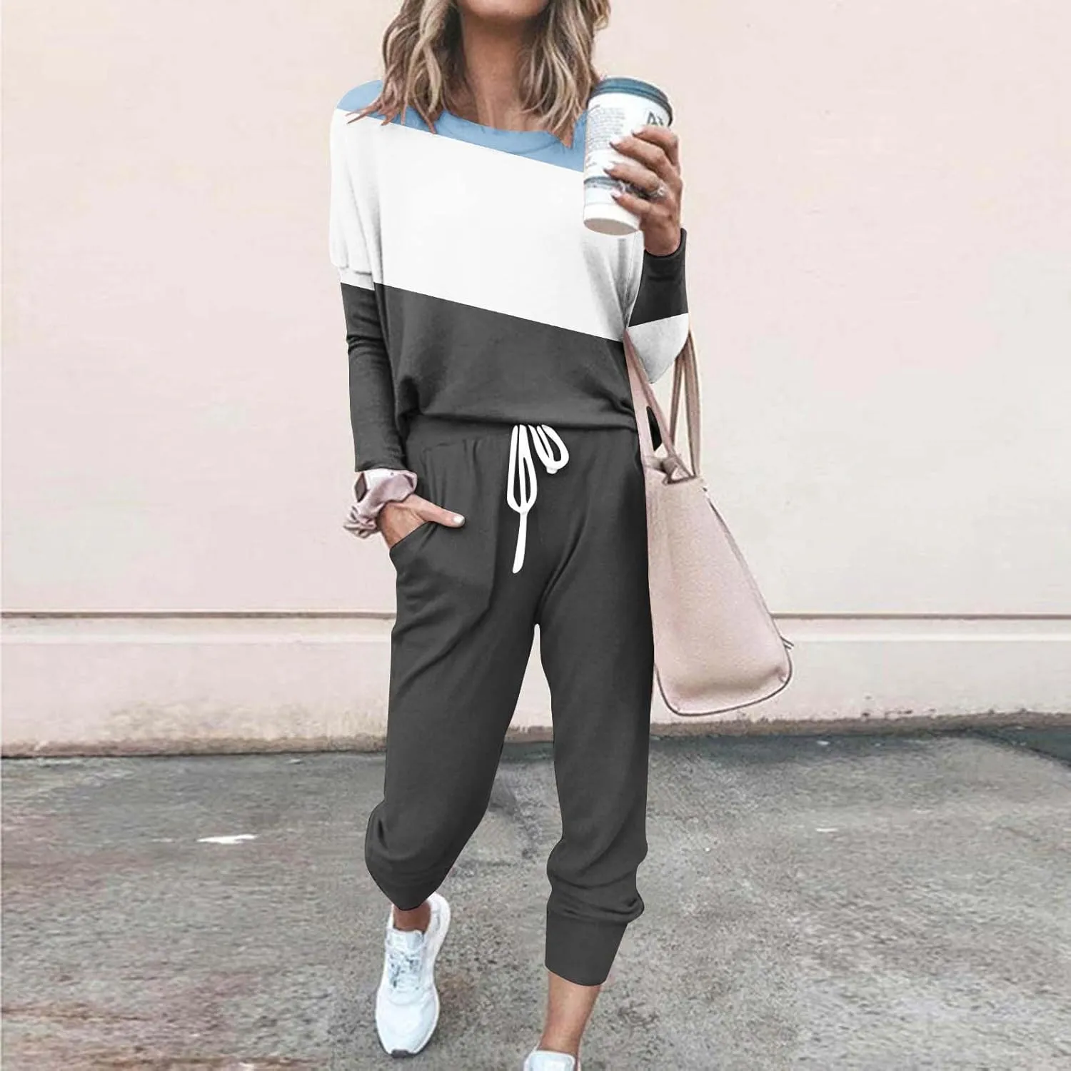 Womens 2 Piece Sweatsuit Outfit Spring Long Sleeve Color Block Sweatshirts and Sweatpants Tracksuit Jogger Sets 2025