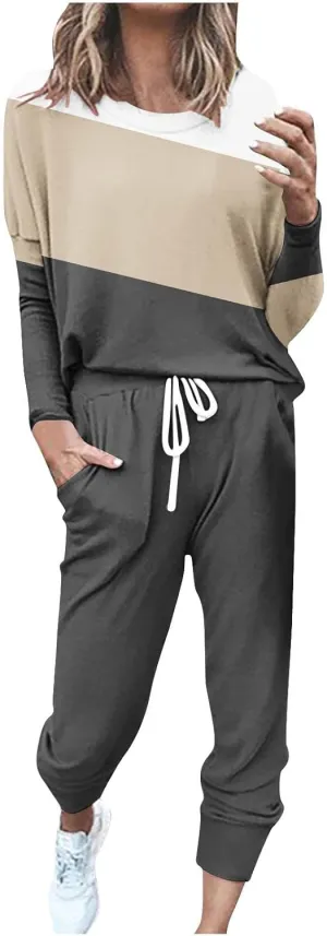 Womens 2 Piece Sweatsuit Outfit Spring Long Sleeve Color Block Sweatshirts and Sweatpants Tracksuit Jogger Sets 2025