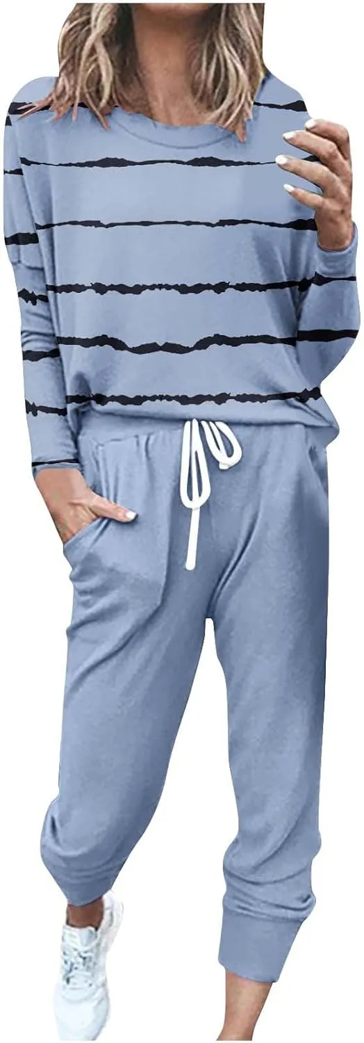 Womens 2 Piece Sweatsuit Outfit Spring Long Sleeve Color Block Sweatshirts and Sweatpants Tracksuit Jogger Sets 2025