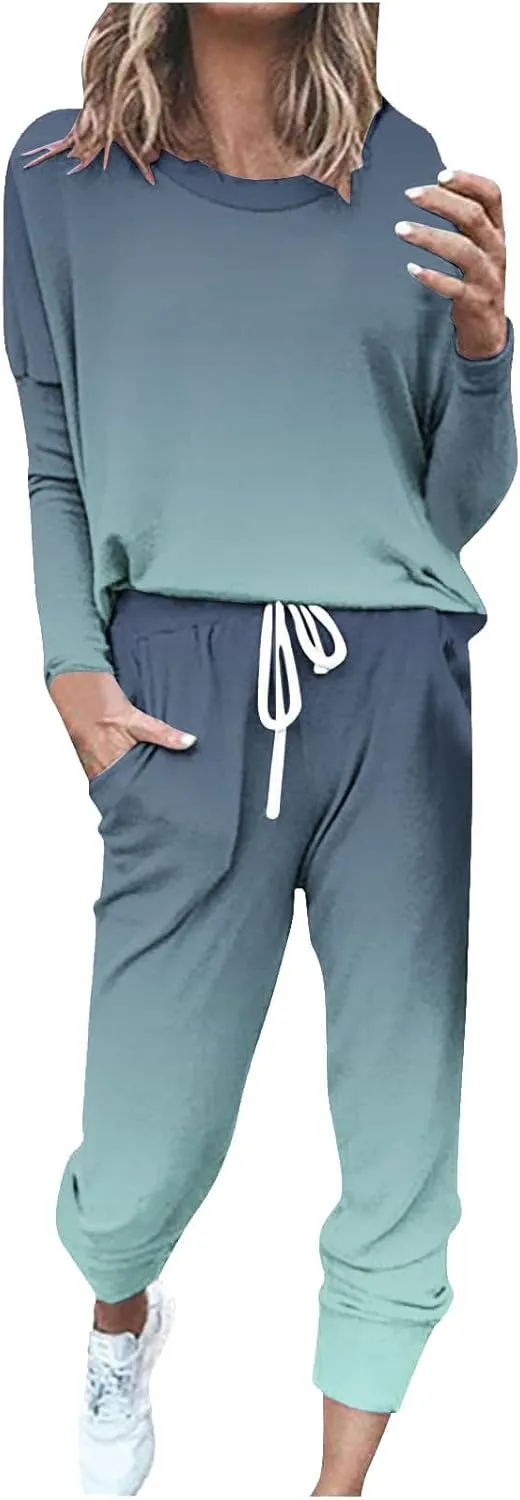 Womens 2 Piece Sweatsuit Outfit Spring Long Sleeve Color Block Sweatshirts and Sweatpants Tracksuit Jogger Sets 2025