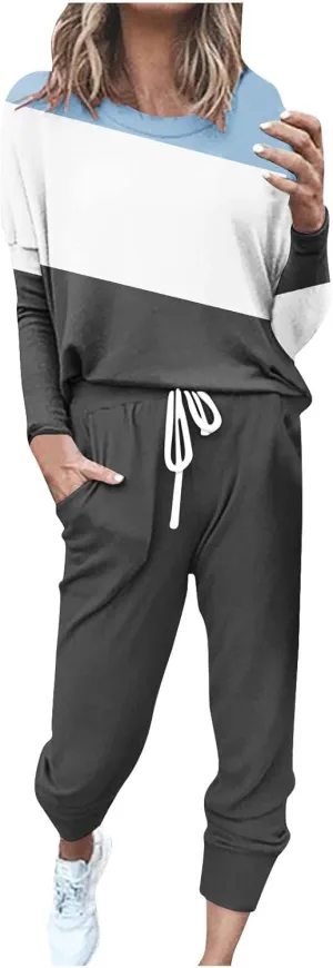 Womens 2 Piece Sweatsuit Outfit Spring Long Sleeve Color Block Sweatshirts and Sweatpants Tracksuit Jogger Sets 2025