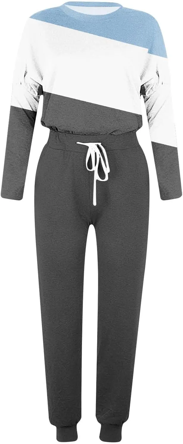 Womens 2 Piece Sweatsuit Outfit Spring Long Sleeve Color Block Sweatshirts and Sweatpants Tracksuit Jogger Sets 2025