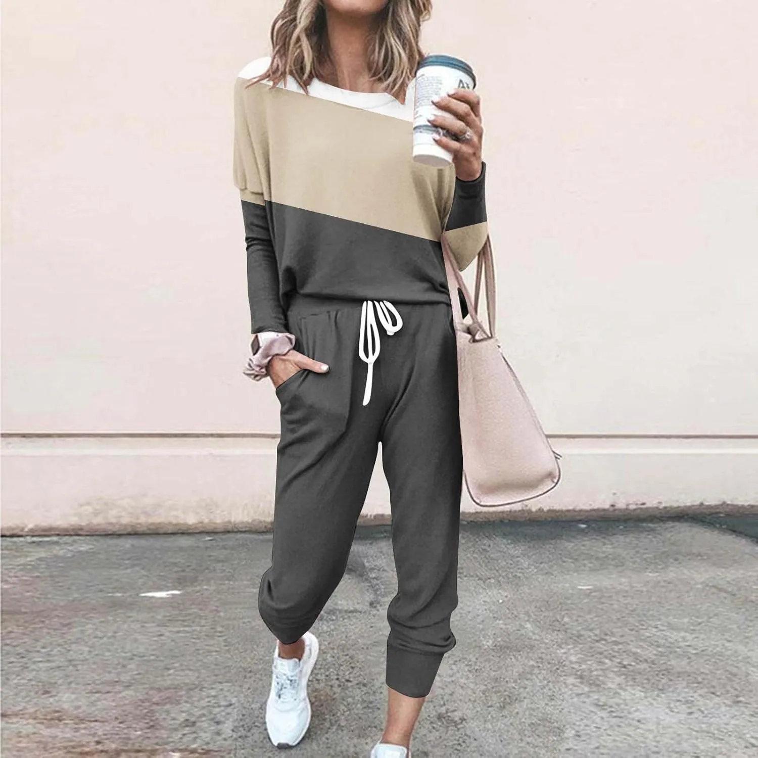 Womens 2 Piece Sweatsuit Outfit Spring Long Sleeve Color Block Sweatshirts and Sweatpants Tracksuit Jogger Sets 2025