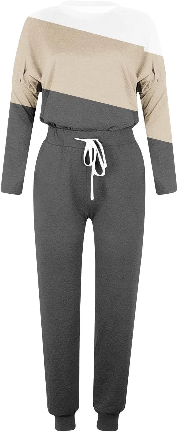 Womens 2 Piece Sweatsuit Outfit Spring Long Sleeve Color Block Sweatshirts and Sweatpants Tracksuit Jogger Sets 2025