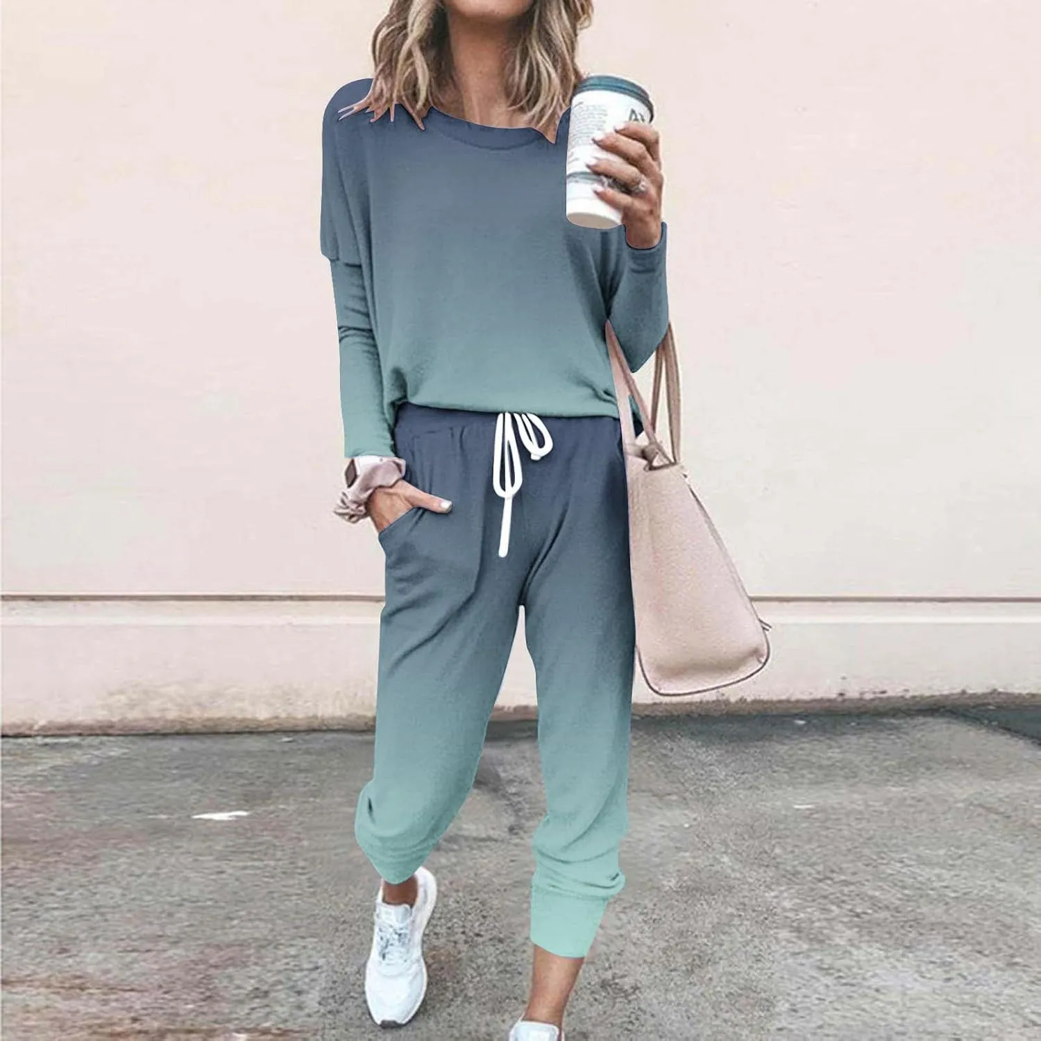 Womens 2 Piece Sweatsuit Outfit Spring Long Sleeve Color Block Sweatshirts and Sweatpants Tracksuit Jogger Sets 2025