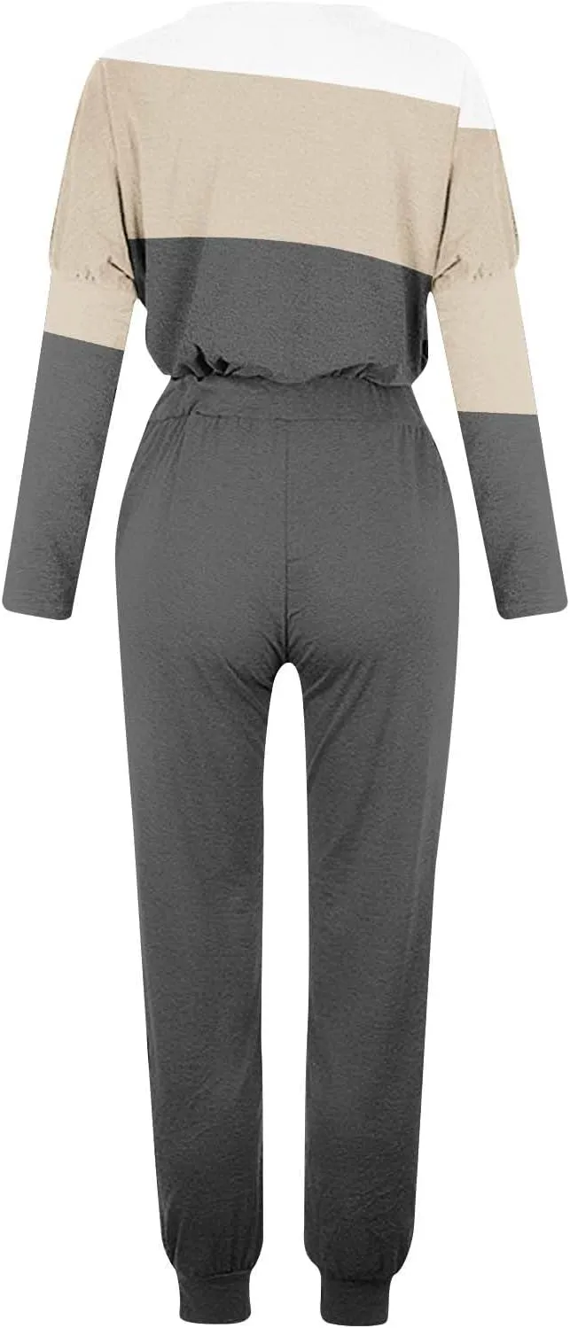 Womens 2 Piece Sweatsuit Outfit Spring Long Sleeve Color Block Sweatshirts and Sweatpants Tracksuit Jogger Sets 2025