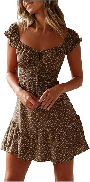 Women's 2023 Summer Bohemian Floral Printed Ruffle Hem Short Sleeves Tube Crew Neck Wrap Beach Party Mini Dress Brown
