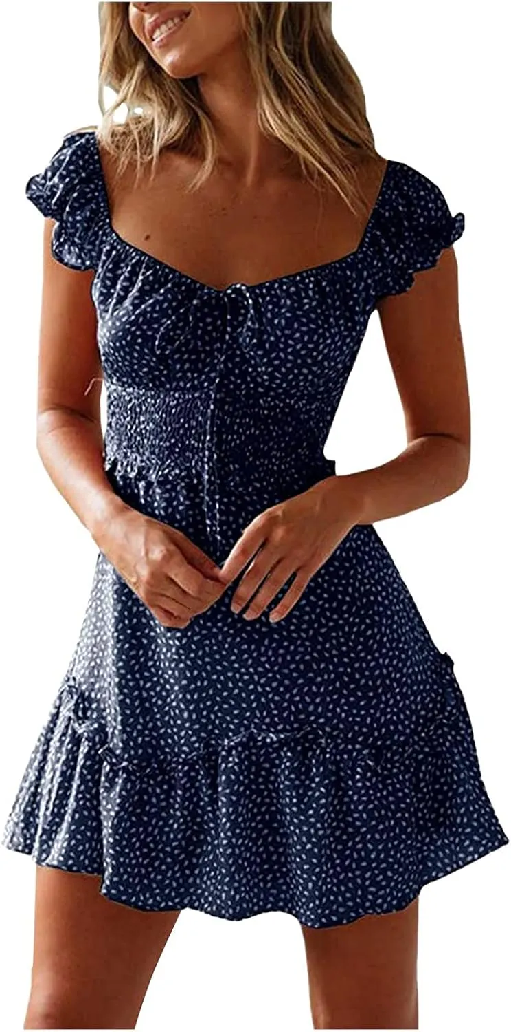 Women's 2023 Summer Bohemian Floral Printed Ruffle Hem Short Sleeves Tube Crew Neck Wrap Beach Party Mini Dress Navy