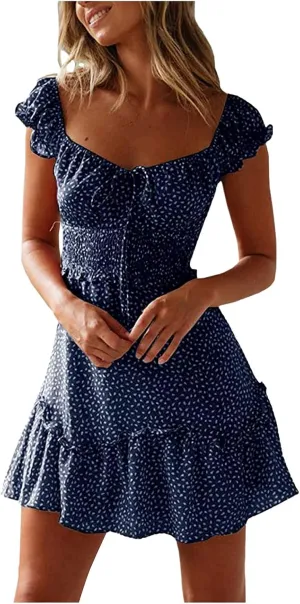 Women's 2023 Summer Bohemian Floral Printed Ruffle Hem Short Sleeves Tube Crew Neck Wrap Beach Party Mini Dress Navy