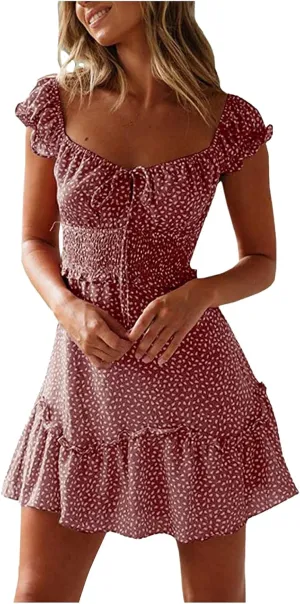 Women's 2023 Summer Bohemian Floral Printed Ruffle Hem Short Sleeves Tube Crew Neck Wrap Beach Party Mini Dress Pink