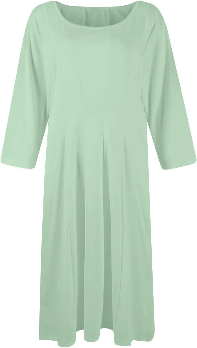 Womens 2024 Fall Trendy Casual Solid Crew Neck 3/4 Sleeve A Line Flowy Casual Midi Dress with Pockets