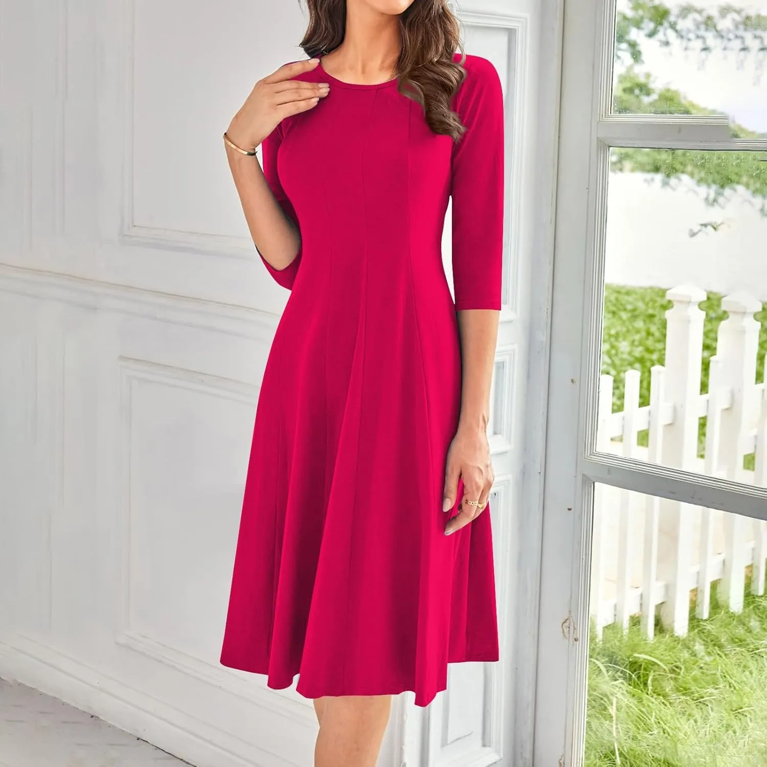 Womens 2024 Fall Trendy Casual Solid Crew Neck 3/4 Sleeve A Line Flowy Casual Midi Dress with Pockets