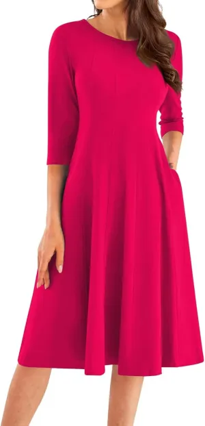 Womens 2024 Fall Trendy Casual Solid Crew Neck 3/4 Sleeve A Line Flowy Casual Midi Dress with Pockets